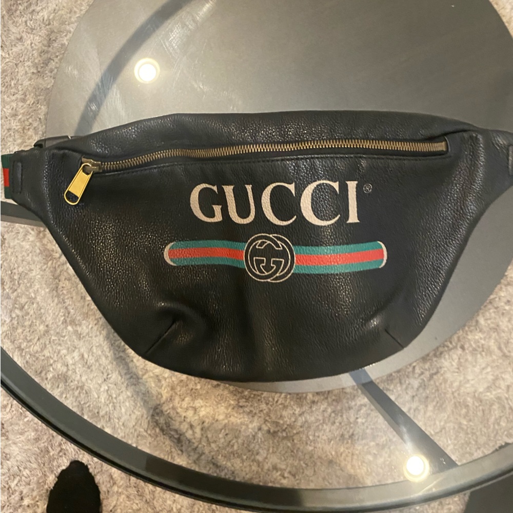 GUCCI Grained Calfskin GG Gucci print belt bag